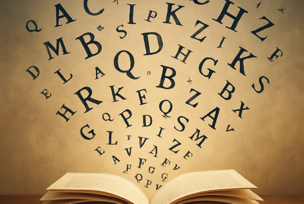 An open book with a jumble of letters flying off the pages.